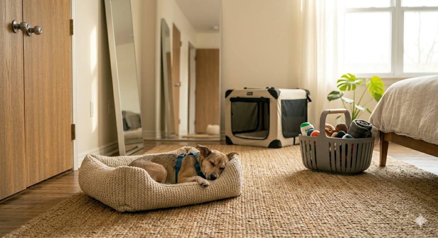 Mostrar um cachorro em seu apartamento, em sua cama com seus brinquedos esperando seus tutores.
