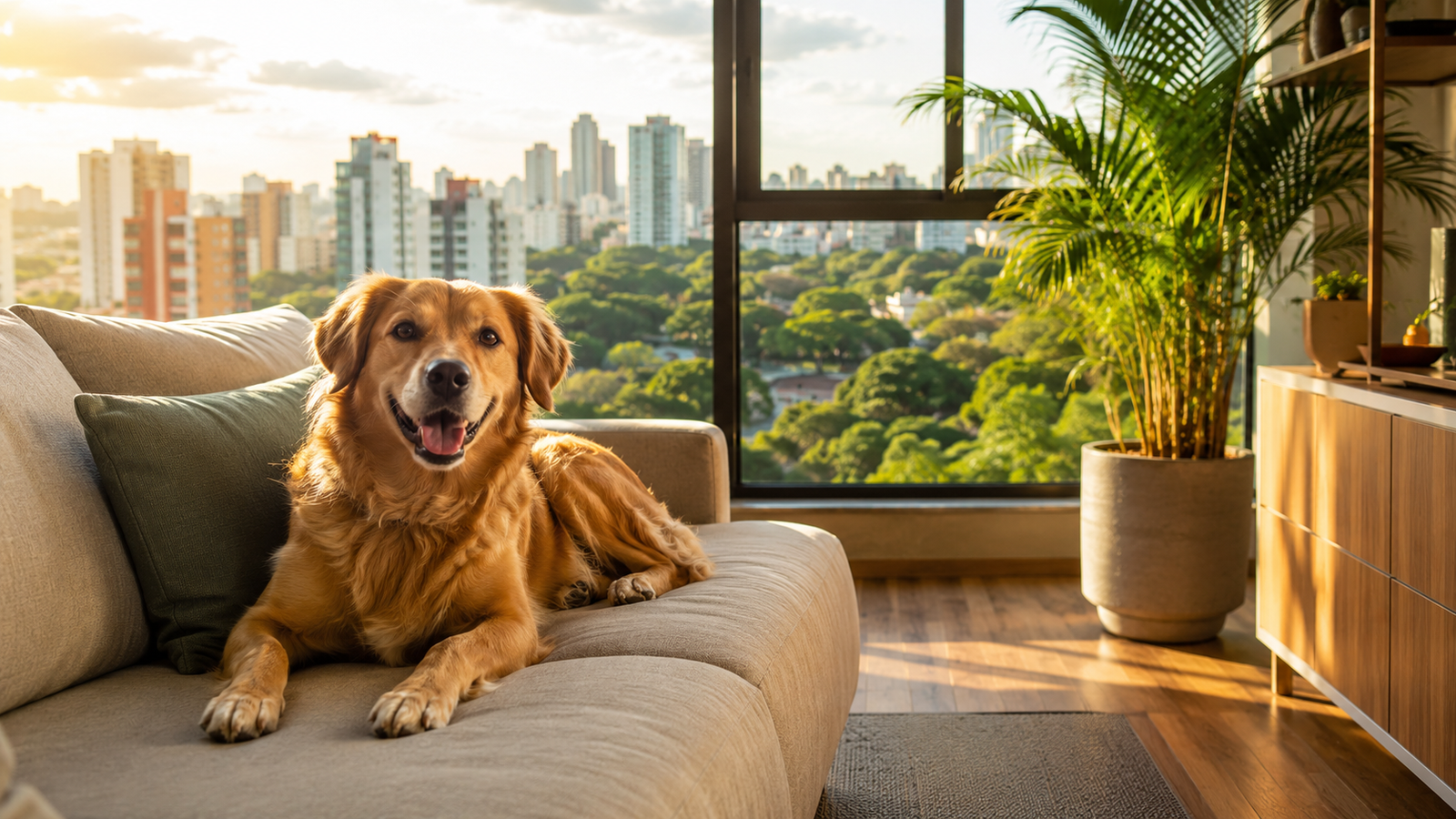 Cachorro feliz em apartamento moderno