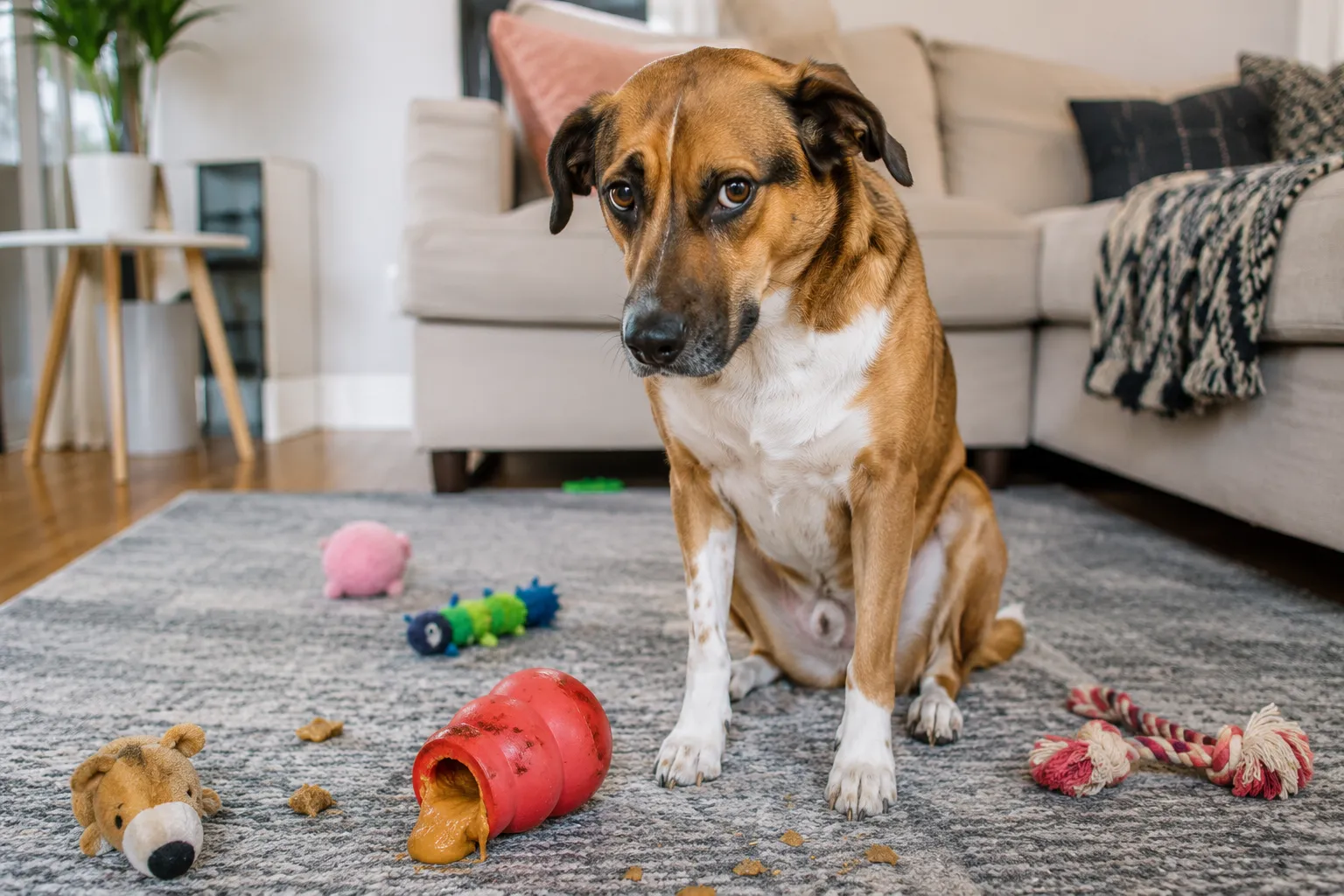 Cachorro destruindo brinquedos em sala