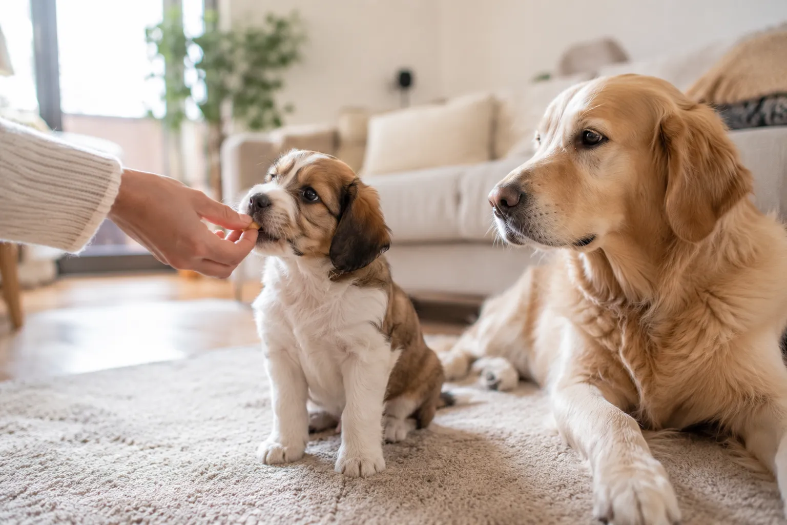 Filhote cachorro ao lado de sua mãe