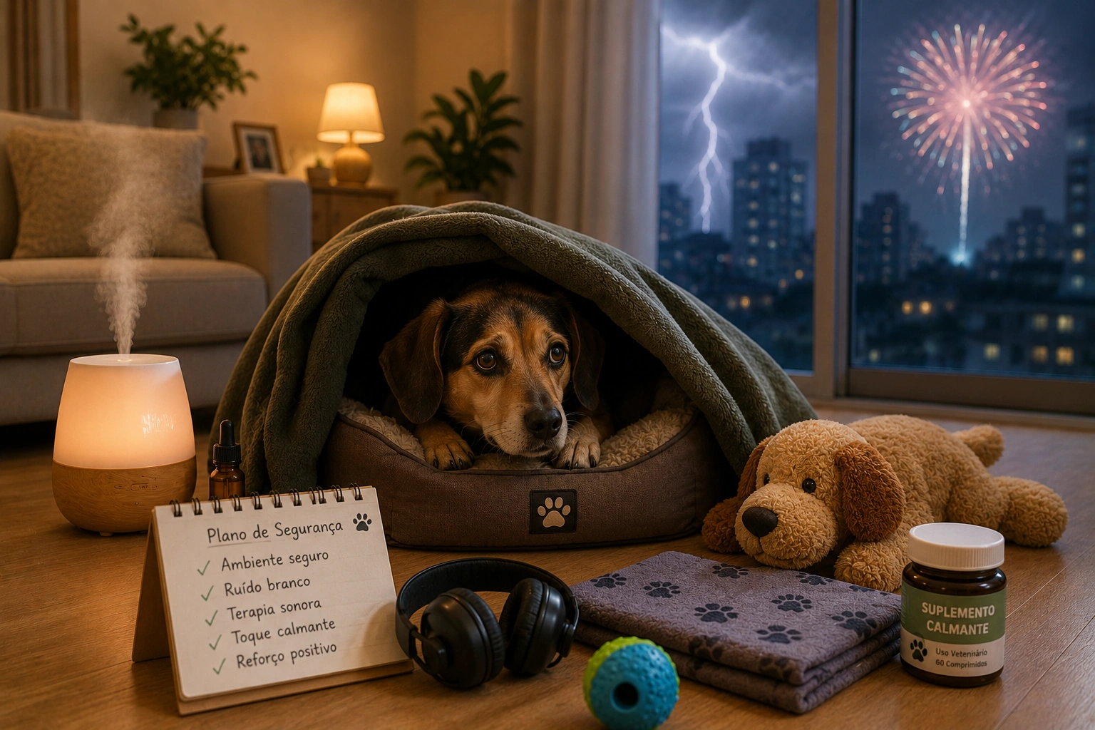 Cachorro com medo de goso de artificios e trovão