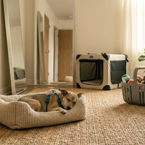 Mostrar um cachorro em seu apartamento, em sua cama com seus brinquedos esperando seus tutores.