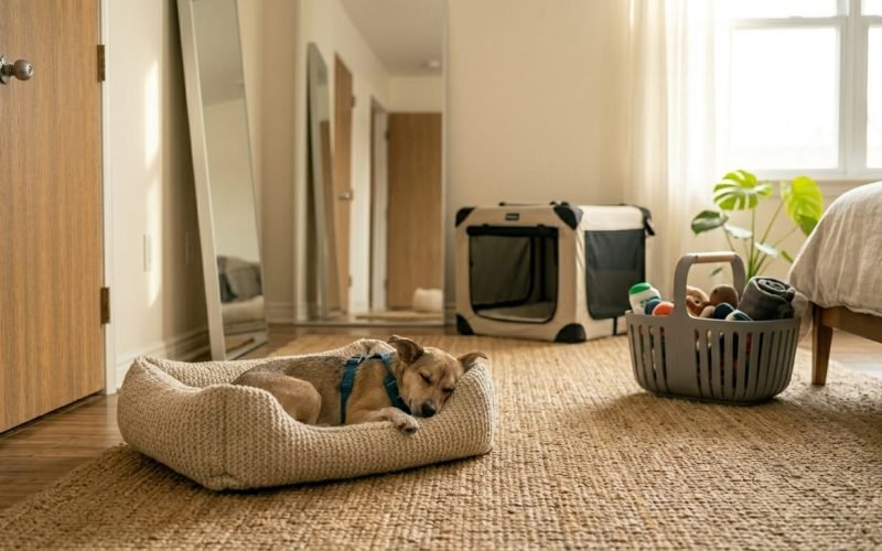 Mostrar um cachorro em seu apartamento, em sua cama com seus brinquedos esperando seus tutores.