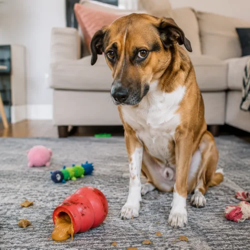 Cachorro destruindo brinquedos em sala