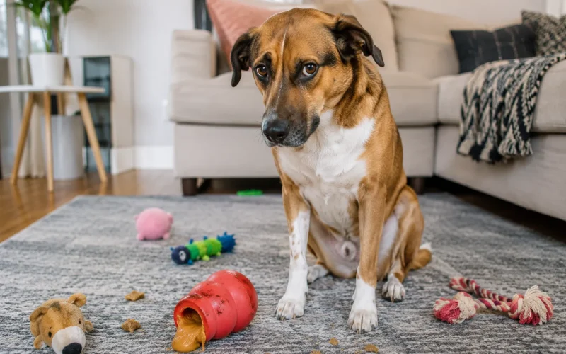 Cachorro destruindo brinquedos em sala