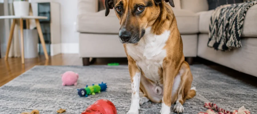 Cachorro destruindo brinquedos em sala