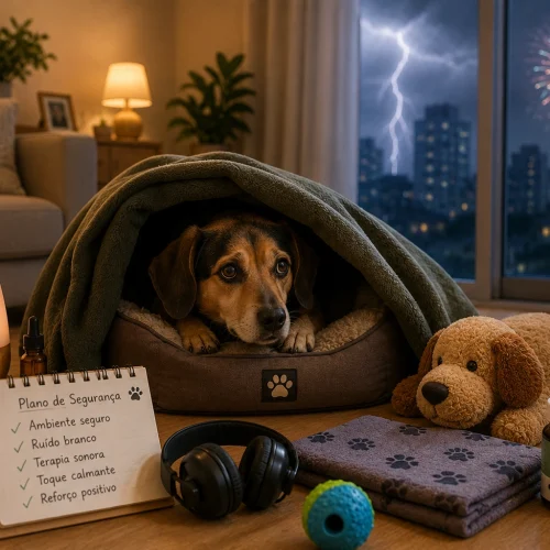 Cachorro com medo de goso de artificios e trovão
