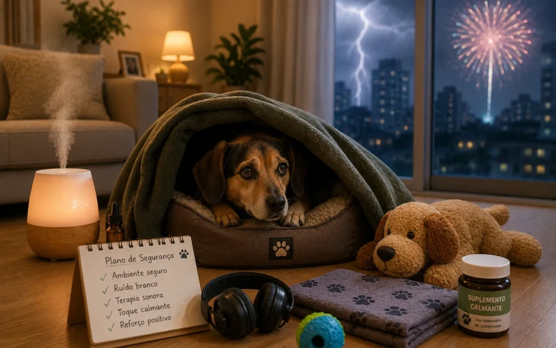 Cachorro com medo de goso de artificios e trovão
