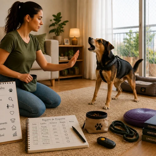cachorro com sua tutora sendo treinado