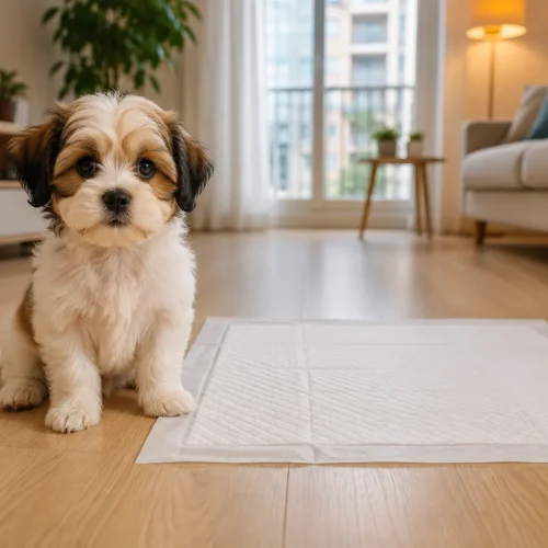 cachorro ao lado do tapete higienico