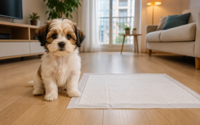 cachorro ao lado do tapete higienico