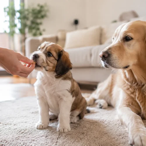 Filhote cachorro ao lado de sua mãe