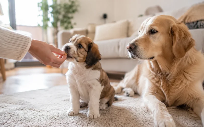 Filhote cachorro ao lado de sua mãe