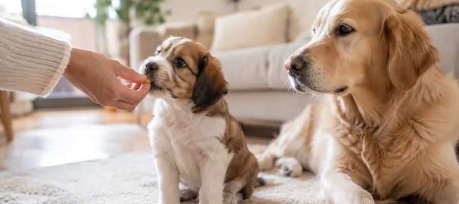 Filhote cachorro ao lado de sua mãe